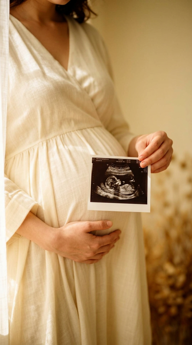Expecting mother in soft cream linen, one hand on her belly and the other holding her baby's sonogram